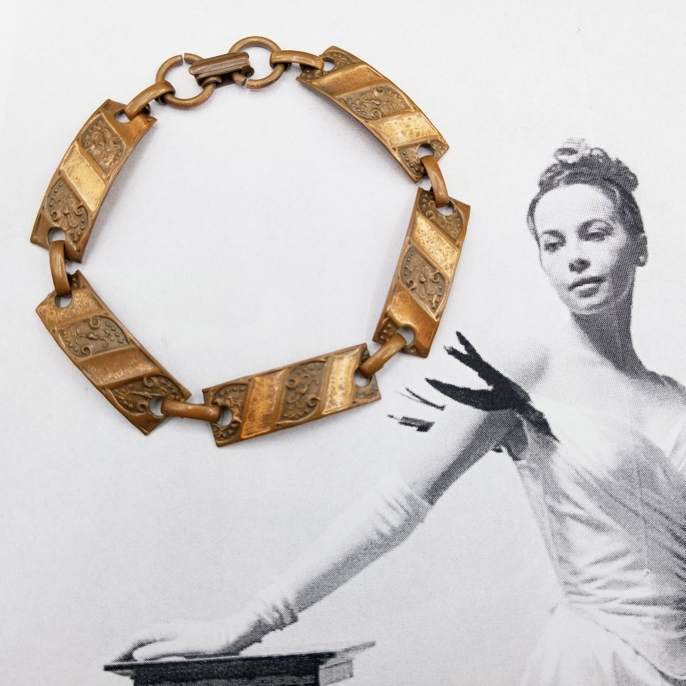 Vintage copper link panel bracelet